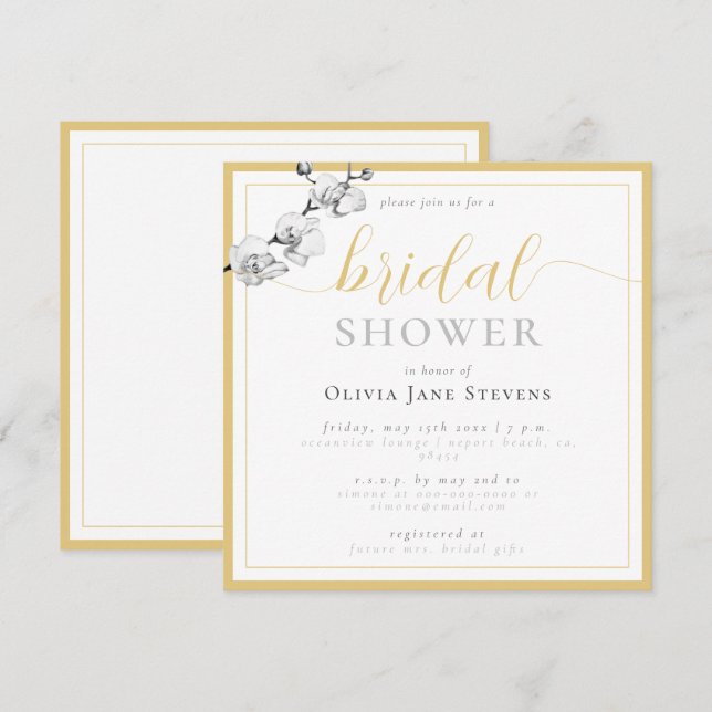 Classic Gold Script White Orchids Bridal Shower Invitation (Front/Back)