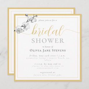 Classic Gold Script White Orchids Bridal Shower Invitation