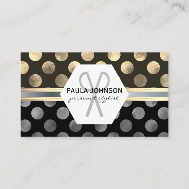 Classic Gold Silver Polka Dots Business Card (Front)