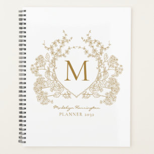 Classic Gold Vintage Floral Crest Monogram Planner