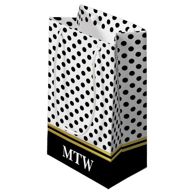 Classic Gold White and Black Dots with Monogram Small Gift Bag (Front Angled)