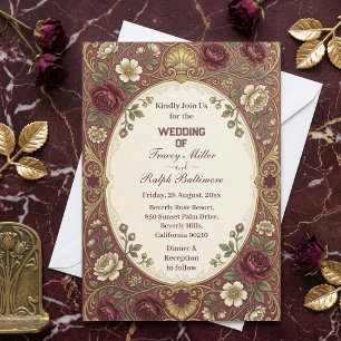 Classic Golden Burgundy Roses Belle Epoque Wedding Invitation