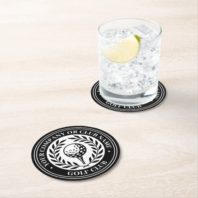 Classic Golf Victory Wreath Custom Name Black Round Paper Coaster (Insitu)