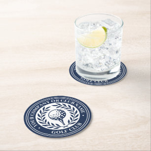 Classic Golf Victory Wreath Custom Name Navy Round Paper Coaster