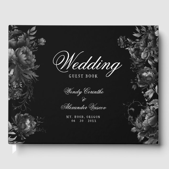 Classic Gothic Black Monogram Crest Wedding Guest Book (Front)