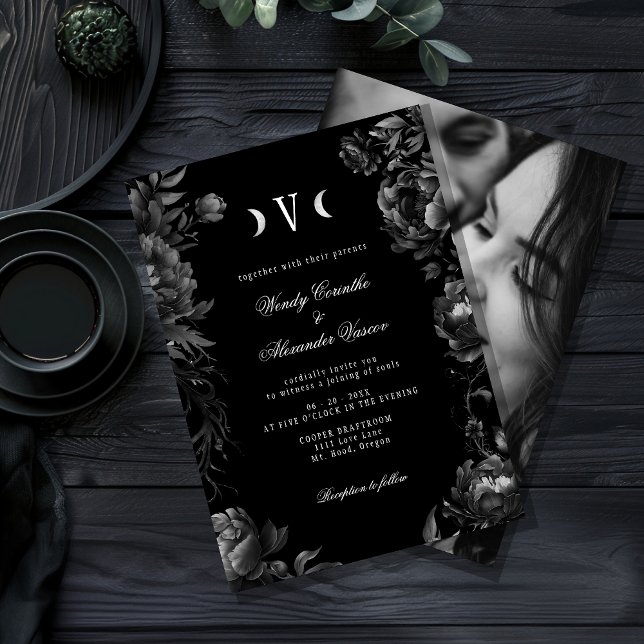 Classic Gothic Black Moon Monogram Wedding Photo Invitation (Creator Uploaded)