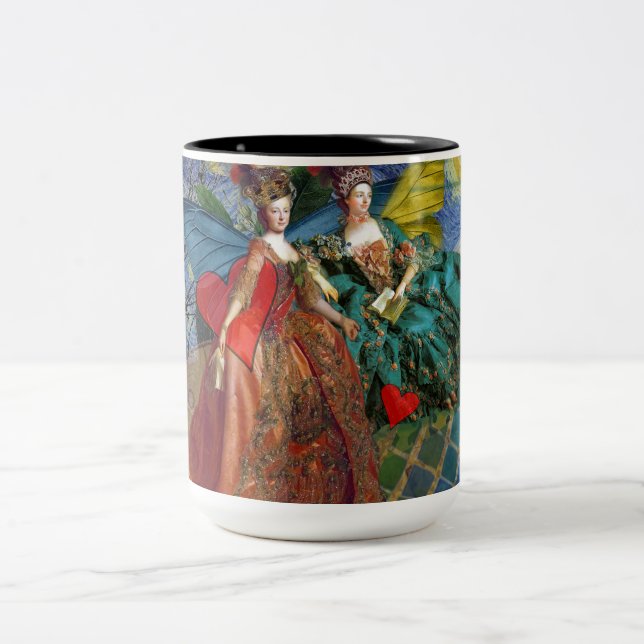 Classic Gothic Gemini Whimsical Butterfly Woman Two-Tone Coffee Mug (Center)