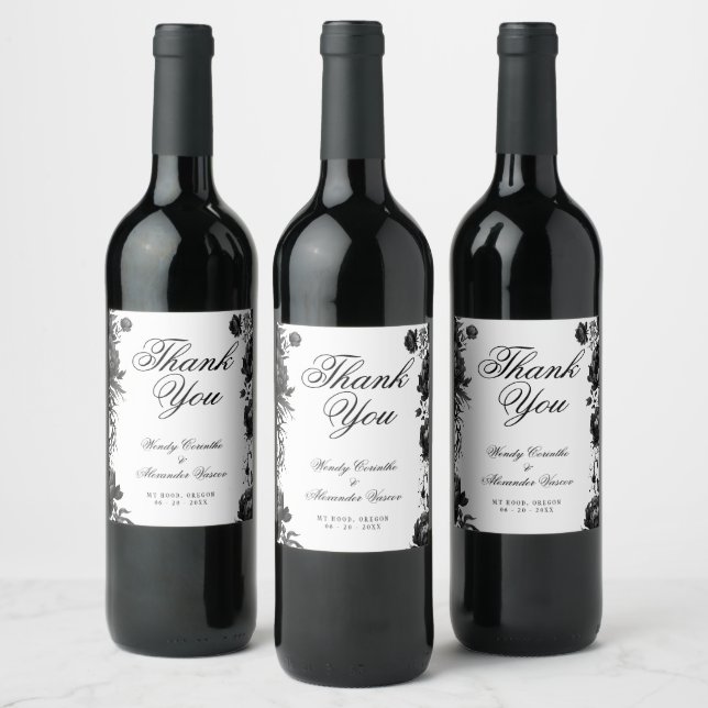 Classic Gothic White Wedding Thank You Wine Label (Bottles)