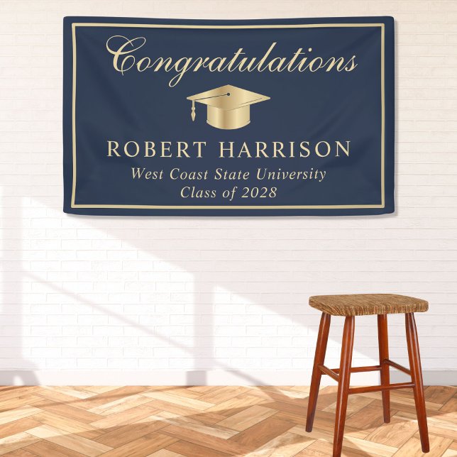 Classic Grad Cap Blue Gold Graduation Welcome Banner (Creator Uploaded)