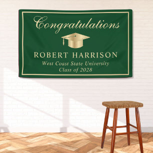 Classic Grad Cap Green Gold Graduation Welcome Banner