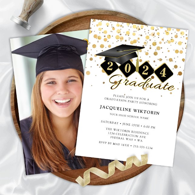 Classic Graduation Cap Black Gold Photo Invitation (Classic Graduation Cap Black Gold Photo Invitation)