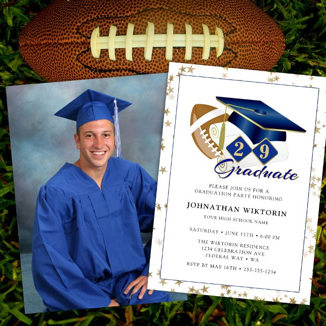 Classic Graduation Cap Blue Gold Football Photo Invitation (Classic Graduation Cap Blue Gold Football Photo Invitation)