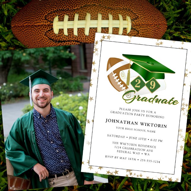 Classic Graduation Cap Green Gold Football Photo Invitation (Classic Graduation Cap Green Gold Football Photo Invitation)