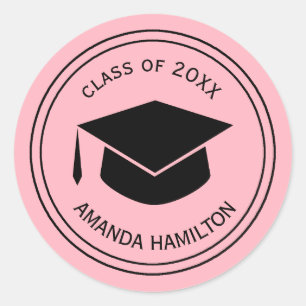 Classic Graduation Cap Personalised  PLUSH PINK Round Sticker