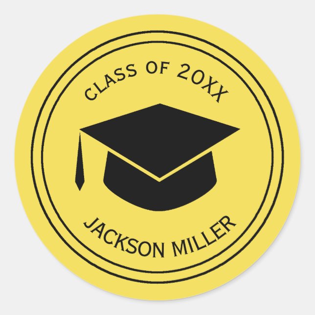 Classic Graduation Cap Personalised  YELLOW Round Sticker (Front)
