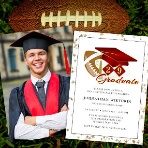 Classic Graduation Cap Red Gold Football Photo Invitation