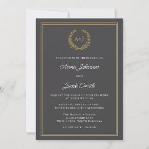 Classic Gray Laurel Wreath Monogram Elegant Photo Invitation