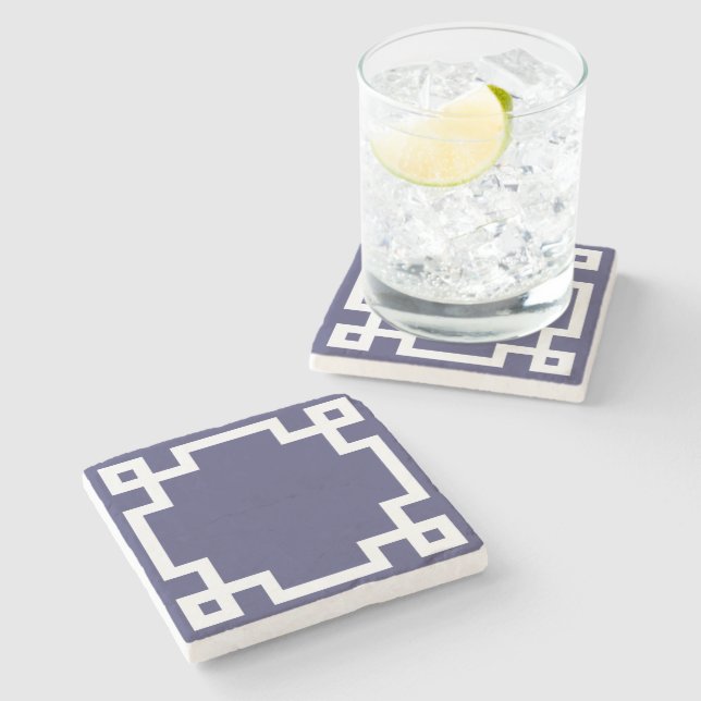Classic Greek Key Border Navy Blue White Stone Coaster (Side)
