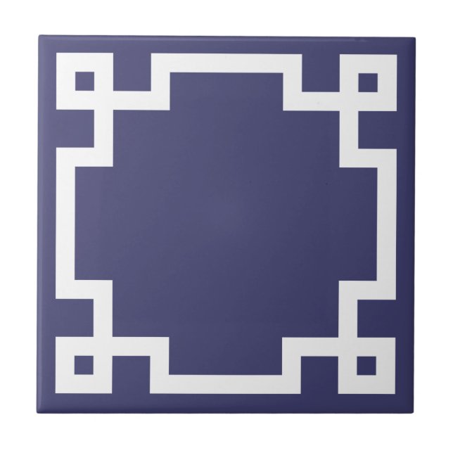 Classic Greek Key Border Navy Blue White Tile (Front)