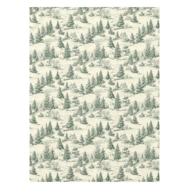 Classic Green and Cream Toile French Christmas Tablecloth (Front)