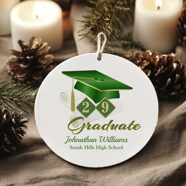 Classic Green and Gold Graduate Ceramic Tree Decoration (Personalized Classic Green and Gold Graduate Ceramic Ornament)