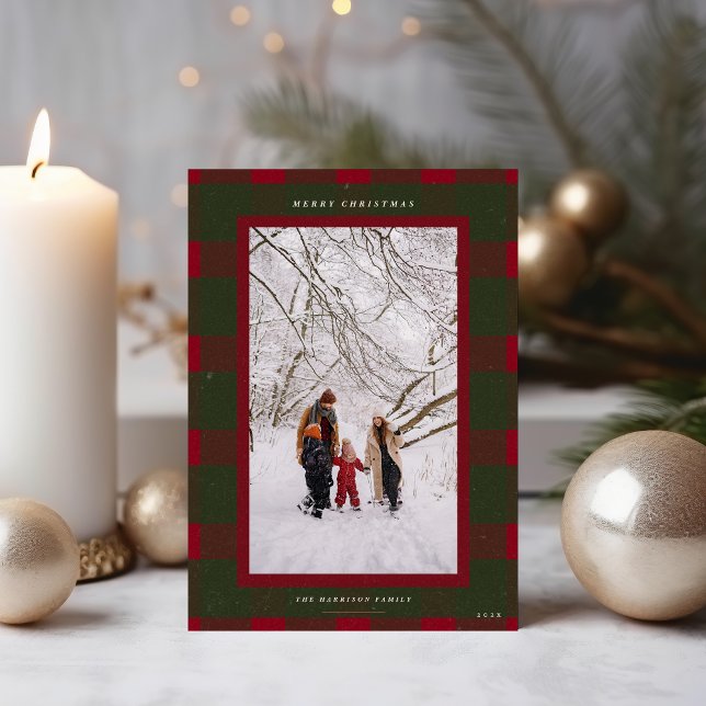Classic Green and Red Plaid Merry Christmas photo Holiday Card (Merry Christmas plaid holiday card with dark red and green shown upright on table )