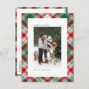 Classic Green and Red Plaid Pattern Photo Holiday Postcard