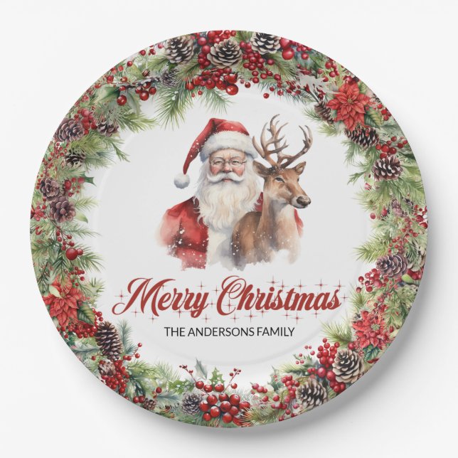 Classic green and red wreath Santa with reindeer Paper Plate (Front)