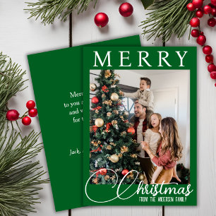 Classic Green And White Family Photo Christmas Holiday Card