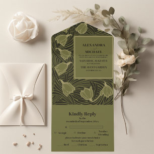 Classic Green Art Nouveau Wedding All In One Invitation