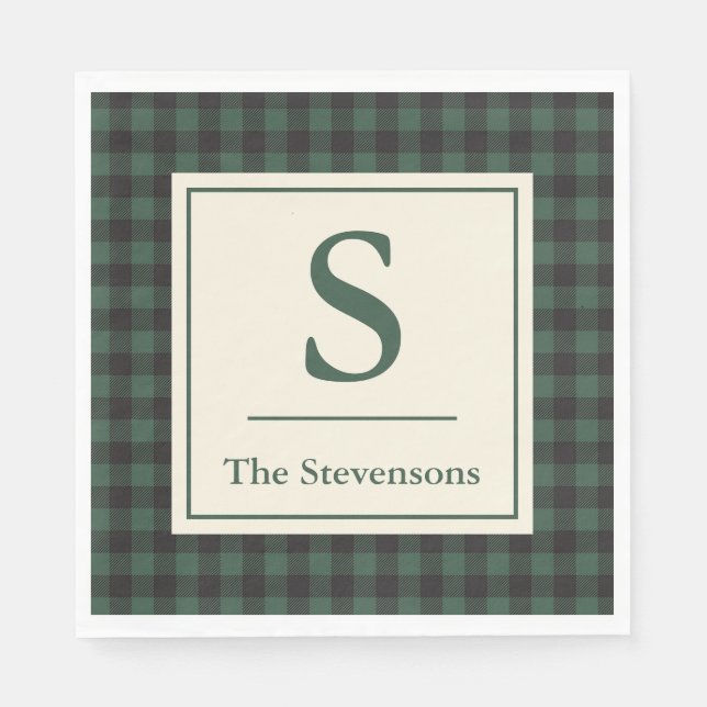 Classic Green Black Buffalo Tartan Plaid Monogram  Napkin (Front)