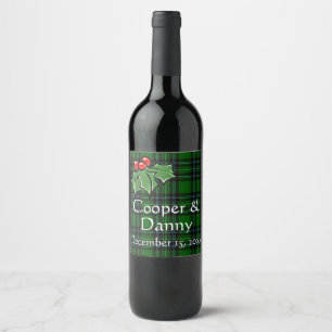 Classic green black plaid christmas Holly greenry Wine Label