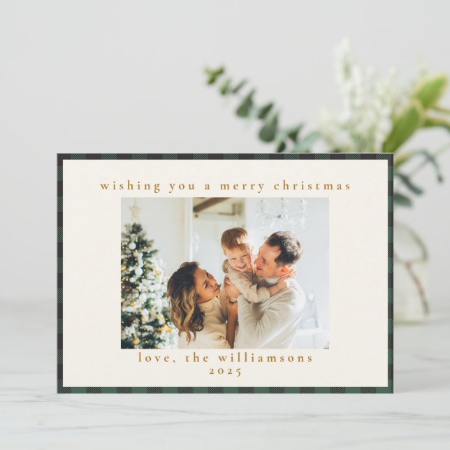 Classic Green Black Tartan Plaid 1 Photo Merry Holiday Card (Standing Front)