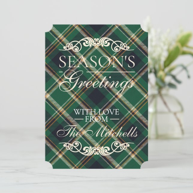 Classic Green Blue Yellow Plaid Pattern Holiday Card (Standing Front)