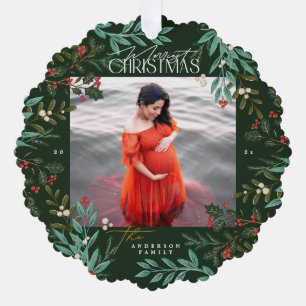 Classic Green Botanical Christmas photo Tree Decoration Card