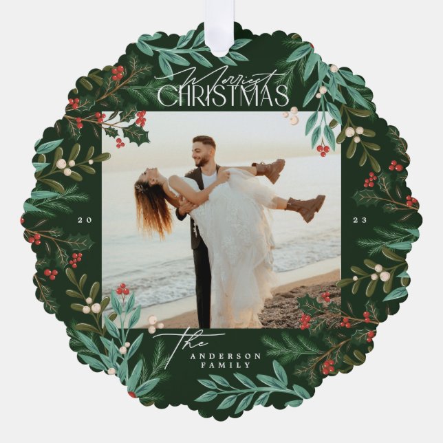 Classic Green Botanical Christmas photo Tree Decoration Card (Front)