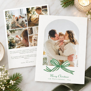 Classic Green Bow Christmas Family Photo Letter Holiday Card