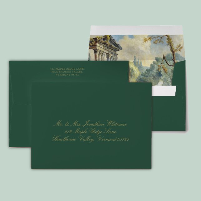 Classic Green Calligraphy Baroque Art Wedding Envelope (Creator Uploaded)