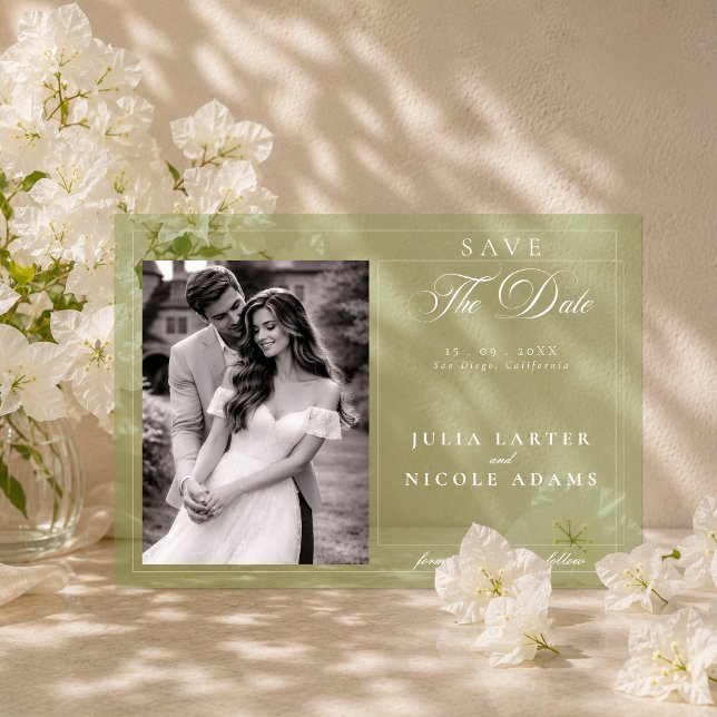 Classic Green Calligraphy Photo Save The Date Acrylic Invitations (Creator Uploaded)