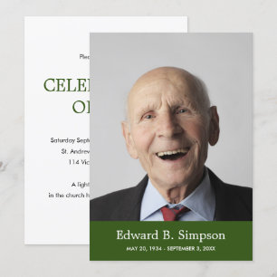 Classic Green Celebration Of Life With Photo Invitation