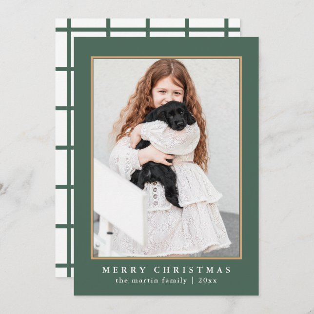 Classic Green Check Merry Christmas Photo Holiday Card (Front/Back)