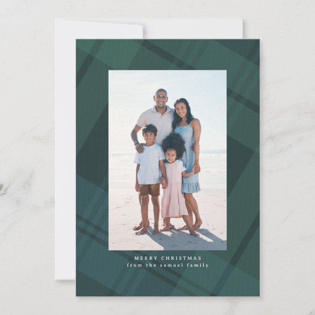 Classic green Christmas plaid simple two photo Holiday Card (Front)