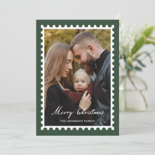 Classic Green Christmas Postage Stamp 5 Photo Holiday Card