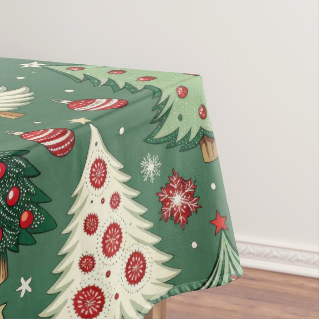 Classic Green Christmas Tree Pattern Holiday Tablecloth (In Situ)