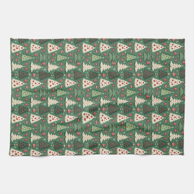 Classic Green Christmas Tree Pattern Holiday Tea Towel (Horizontal)