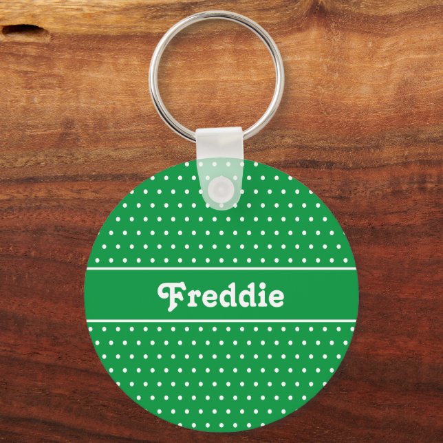 Classic Green Custom Name Green Polka Dot Key Ring (Front)