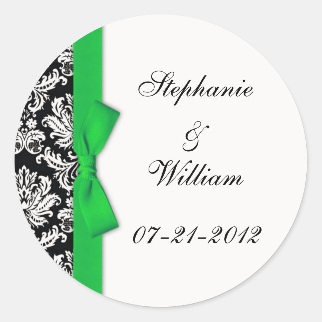 Classic Green Damask Wedding Label (Front)