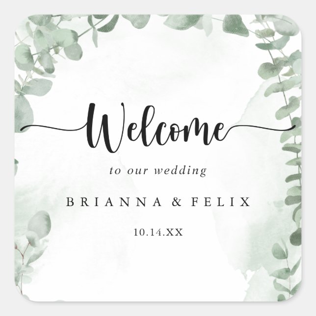 Classic Green Eucalyptus Foliage Wedding Welcome  Square Sticker (Front)