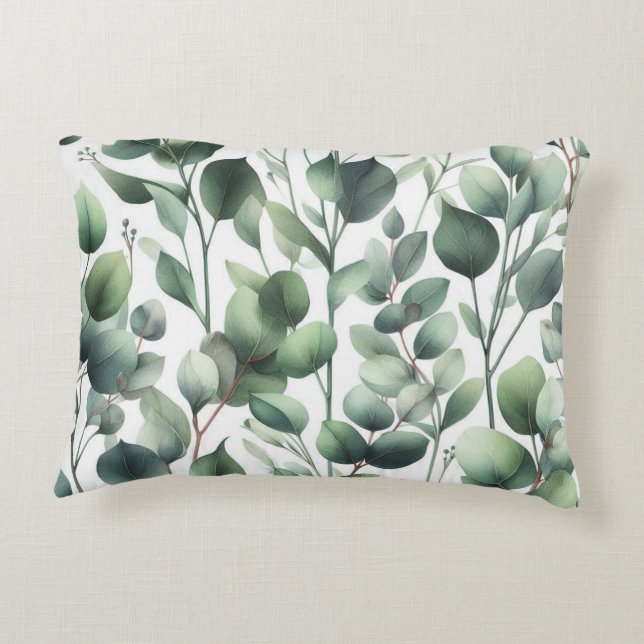 Classic Green Eucalyptus Leaves on White  Decorative Cushion (Back)