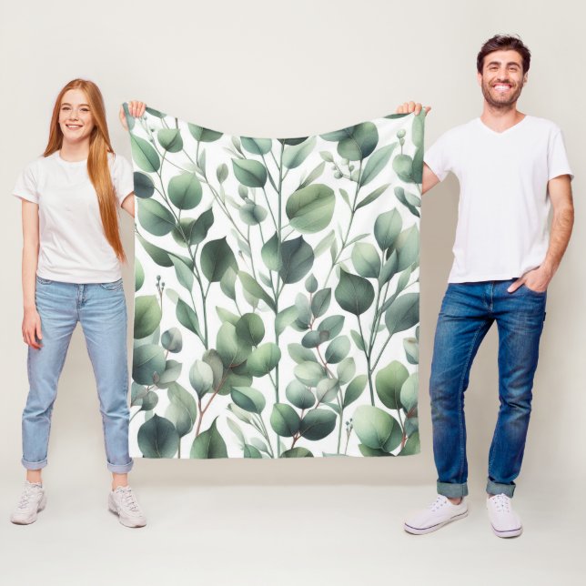 Classic Green Eucalyptus Leaves on White  Fleece Blanket (In Situ)